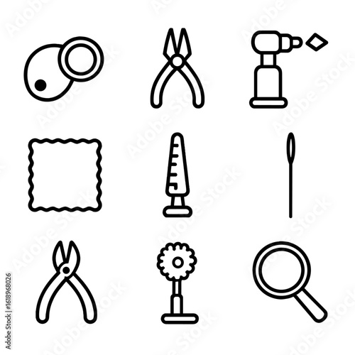 Jewelry Tool Icons. Solid, filled icon set of delicate jewelry tools: jeweler’s loupe, pliers, soldering torch, polishing cloth,