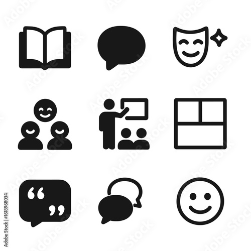 Jokes Icon Set. Solid, filled icon set of jokes and storytelling: open book, speech bubble, punchline, laughing crowd,