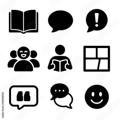 Jokes Icon Set. Solid, filled icon set of jokes and storytelling: open book, speech bubble, punchline, laughing crowd,