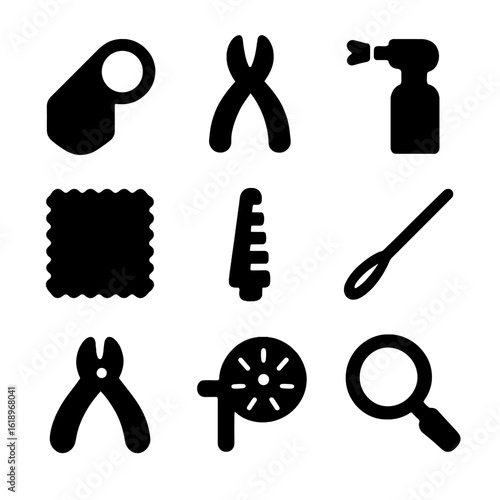 Jewelry Tool Icons. Solid, filled icon set of delicate jewelry tools: jeweler’s loupe, pliers, soldering torch, polishing cloth,