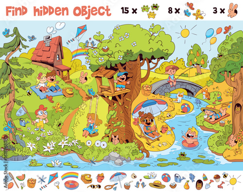 Find 15 frogs. Find the hidden object in the picture. Puzzle Hidden Items. Wordless picture book. Wimmelbook. Wimmelbuch. Children playing in the park on the playground. Educational game for kids