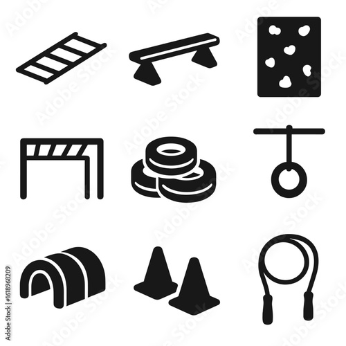 Kids' Fitness Equipment Icons. Solid, filled icon set of kids’ fitness equipment: agility ladder, balance beam, climbing wall,
