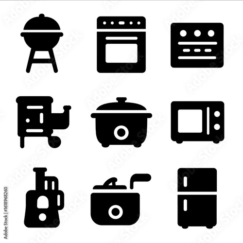 Kitchen Appliance Icons. Solid, filled icon set of kitchen appliances for succulent meals: grill, oven, stove, smoker, slow cooker