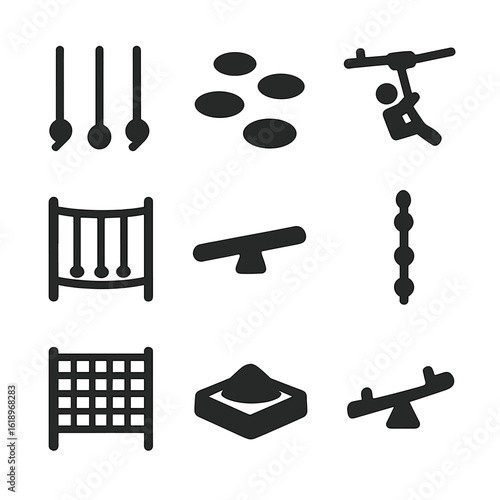 Kids' Playground Icons. Solid, filled icon set of kids’ playground obstacles: swinging ropes, stepping stones, zip line, rope