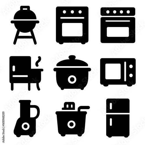 Kitchen Appliance Icons. Solid, filled icon set of kitchen appliances for succulent meals: grill, oven, stove, smoker, slow cooker