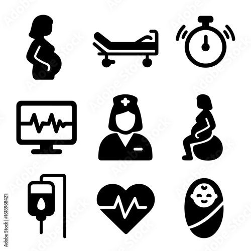 Labor and Birth Icons. Solid, filled icon set of mother in labor: pregnant woman, hospital bed, contraction timer, medical monitor