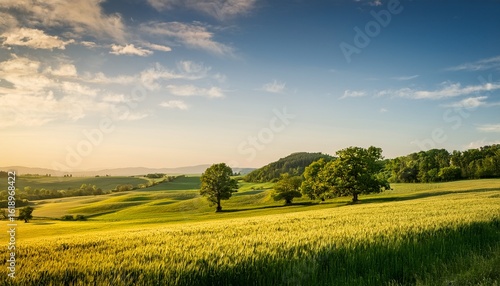 tranquil countryside landscape with tall trees and green fields in late afternoon light