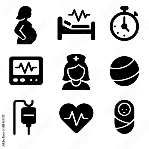 Labor and Birth Icons. Solid, filled icon set of mother in labor: pregnant woman, hospital bed, contraction timer, medical monitor