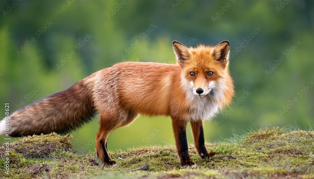 Fototapeta premium a red fox stands alert on a green background displaying its full bushy tail and striking fur