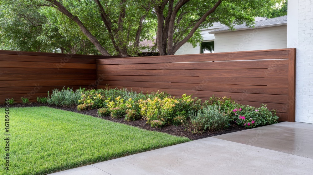 Naklejka premium Modern Garden with Wooden Fence and Lush Plants, Landscape , Design