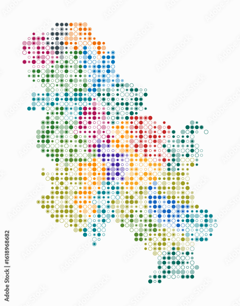 Fototapeta premium Serbia, shape of the country build of colored cells. Digital style map of the Serbia on white background. Small size circle blocks. Trending vector illustration.
