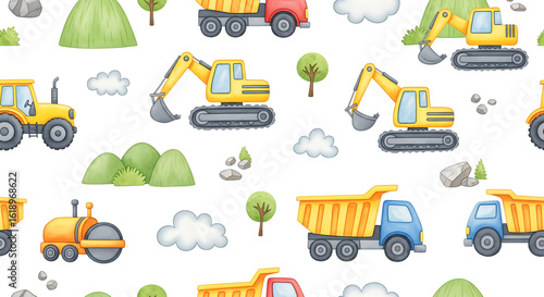 Cute cartoon construction vehicles and elements seamless pattern