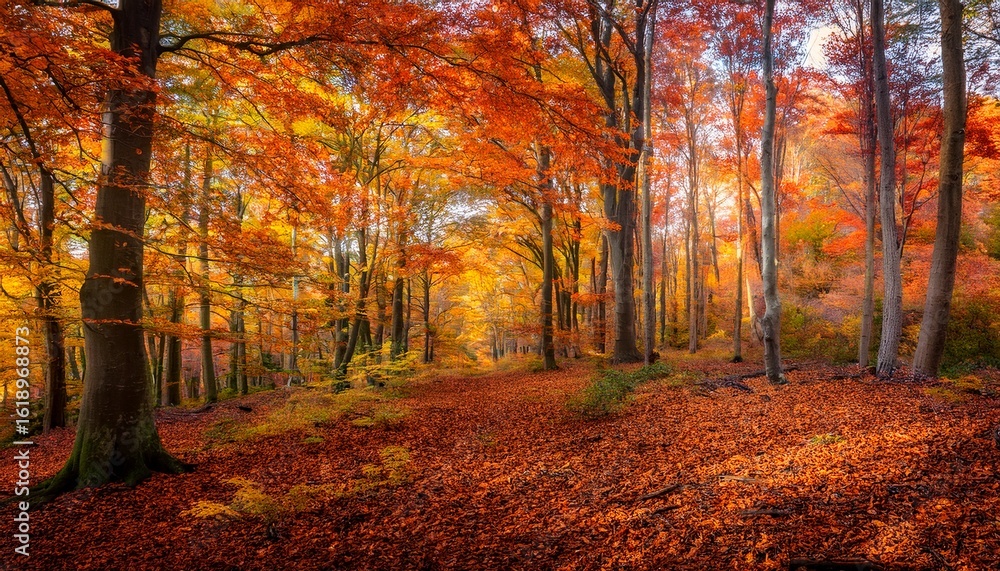 Fototapeta premium a portrayal of an autumnal woodland where trees are bedecked in foliage harmonizing a kaleidoscope of fiery tones amidst colorful ambiance of forest