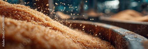 Golden brown sugar granules scatter in an industrial processing facility during daytime