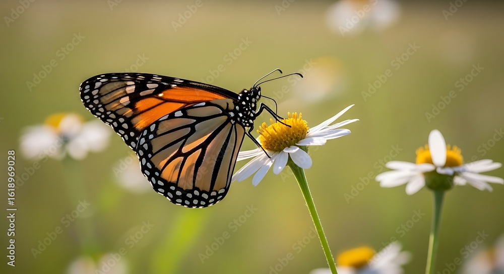Fototapeta premium A beautiful monarch butterfly rests on a delicate white daisy, gathering nectar in a vibrant, sunlit summer meadow.