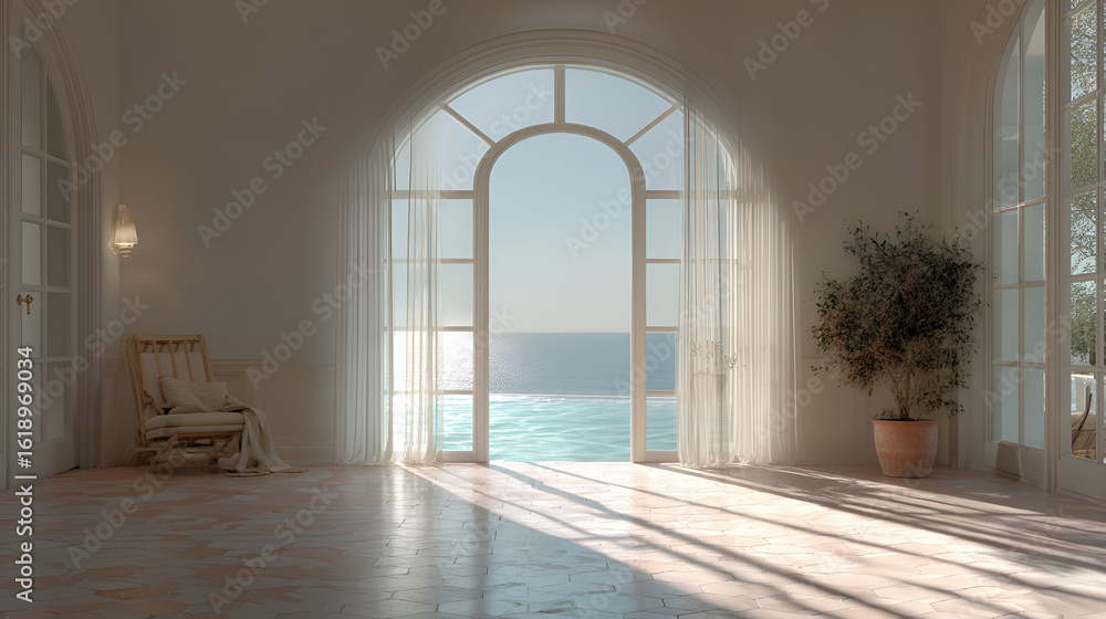 Fototapeta premium Sunlit coastal interior. A bright room opens to an ocean view with a chair and potted plant inside.