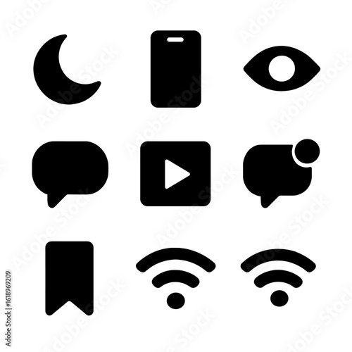 Late Night Icons. Solid, filled icon set of late night social media browsing: crescent moon, smartphone, eye, message bubble,