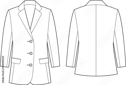 Women’s blazer fashion flat sketch, front and back view, tailored jacket design template, technical drawing, apparel design illustration