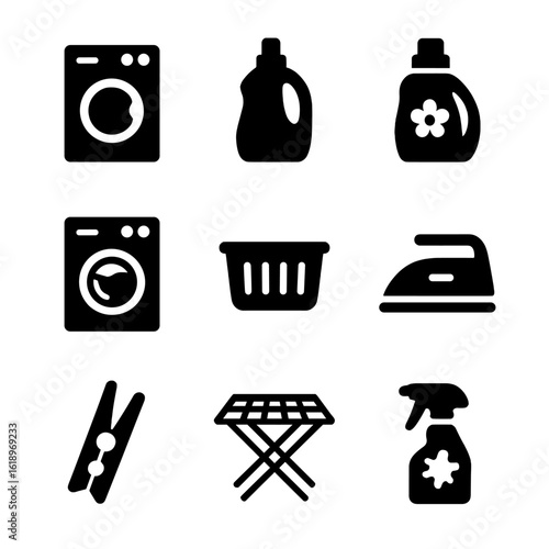 Laundry Icon Grid. Solid, filled icon set of laundry and cleaning tools: washing machine, detergent bottle, fabric softener, dryer