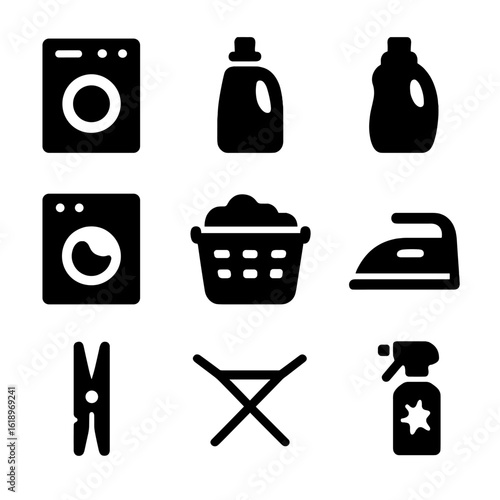 Laundry Icon Grid. Solid, filled icon set of laundry and cleaning tools: washing machine, detergent bottle, fabric softener, dryer