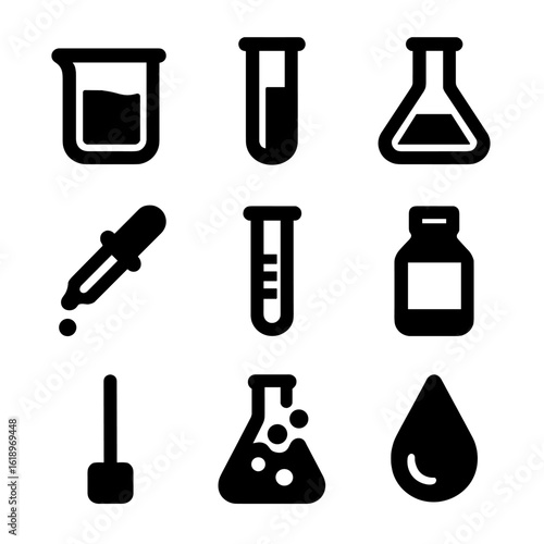 Liquid Chemistry Icons. Solid, filled icon set of liquid in beakers: beaker with liquid, test tube with liquid, flask with liquid,