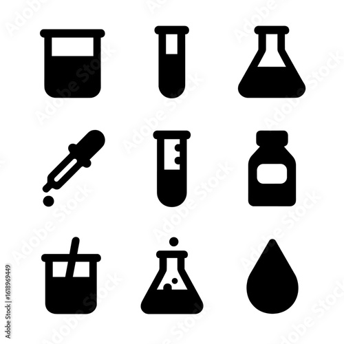Liquid Chemistry Icons. Solid, filled icon set of liquid in beakers: beaker with liquid, test tube with liquid, flask with liquid,