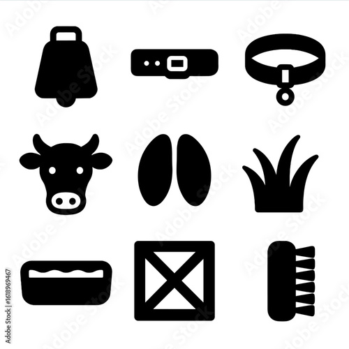 Livestock Accessories Icons. Solid, filled icon set of Cow bell and livestock accessories: cow bell, leather strap, collar, cow
