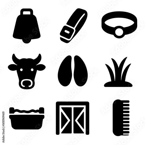 Livestock Accessories Icons. Solid, filled icon set of Cow bell and livestock accessories: cow bell, leather strap, collar, cow