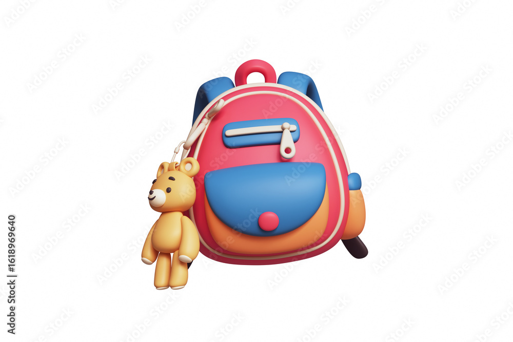 Fototapeta premium 3d rendering of stylized cartoon cute red school backpack with blue pocket, kawaii yellow plush toy bear keychain. Back to school, preschool education. Satchel for small children on white background.