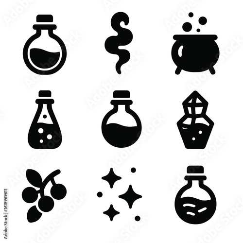 Magical Potion Icons. Solid, filled icon set of magical potions: elixir bottle, magic smoke, bubbling cauldron, potion vial, spell