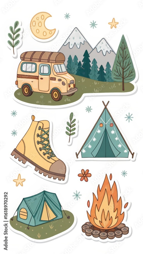 Naklejka premium Cute Camping Illustration Set: Caravan, Tents, Fire, Moon & Hiking Boots