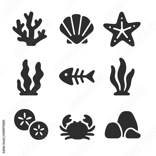 Marine Icon Grid. Solid, filled icon set of remains in marine biology: coral fragments, seashells, starfish skeleton, algae, fish