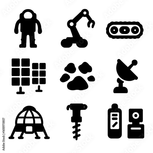 Mars Exploration Icons. Solid, filled icon set of Mars exploration equipment: space suit, robotic arm, rover tracks, solar panels,