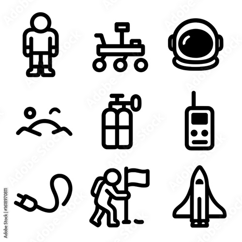 Mars Spacewalk Icon Set. Solid, filled icon set of the first human spacewalk on Mars: astronaut suit, Mars rover, space helmet,