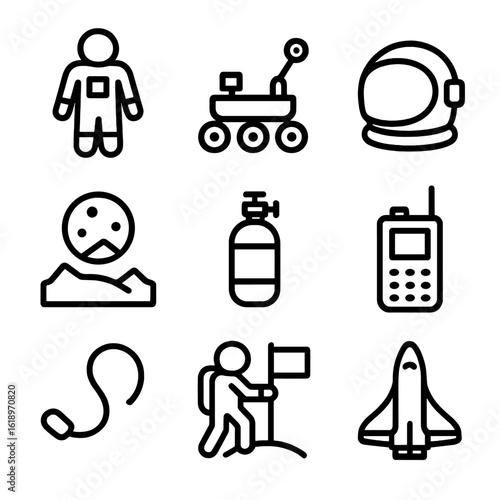 Mars Spacewalk Icon Set. Solid, filled icon set of the first human spacewalk on Mars: astronaut suit, Mars rover, space helmet,