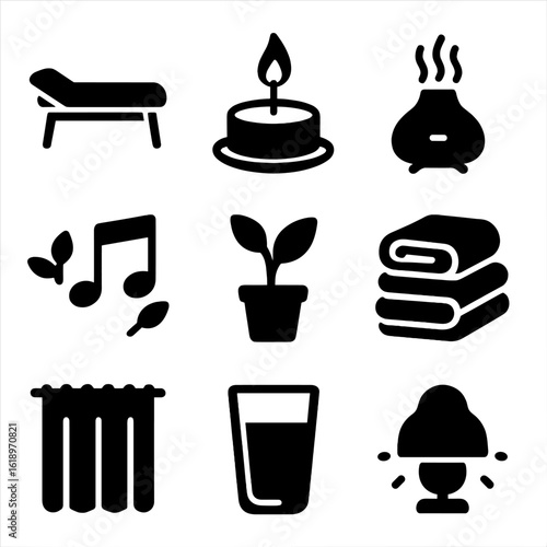 Massage Icon Set. Solid, filled icon set of massage environment: massage bed, relaxing candle, essential oil diffuser, calming