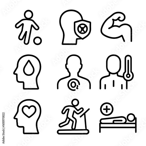 Mars Survival Icons. Solid, filled icon set of human physiological effects on Mars: low gravity, radiation shield, muscle