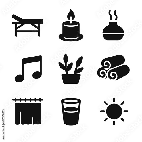 Massage Icon Set. Solid, filled icon set of massage environment: massage bed, relaxing candle, essential oil diffuser, calming