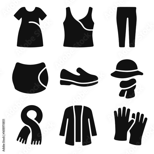 Maternity Clothing Icons. Solid, filled icon set of maternity clothing: maternity dress, nursing top, maternity pants, belly band,