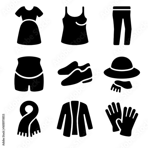 Maternity Clothing Icons. Solid, filled icon set of maternity clothing: maternity dress, nursing top, maternity pants, belly band,