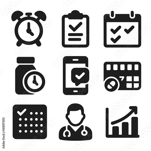 Medication Reminder Icons. Solid, filled icon set of treatment adherence and reminders: alarm clock, checklist, calendar with