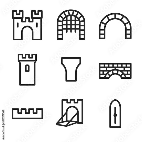 Medieval Architecture Icons. Outline icon set of medieval architecture: castle gate, portcullis, stone arch, tower, keystone,