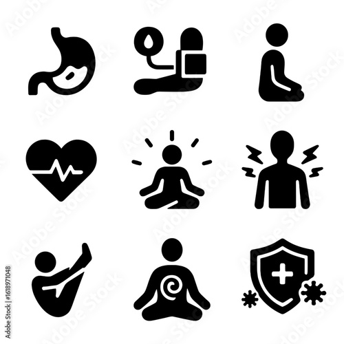 Meditation Benefits Icons. Solid, filled icon set of meditation benefits for body: improved digestion, reduced blood pressure,