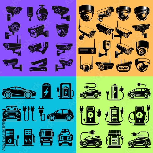 Surveillance Camera Icons in Colorful Grid – Pop Art Style Digital Collage

