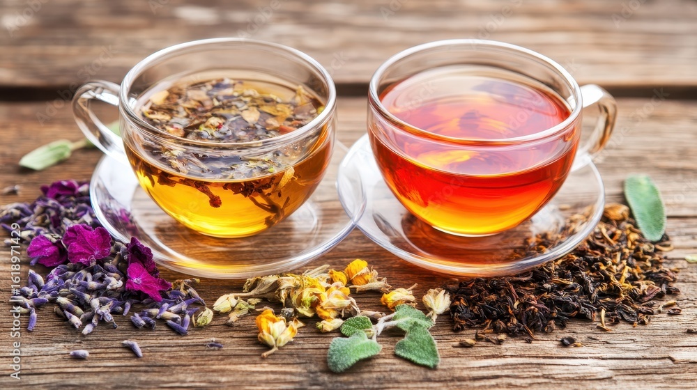 Two Teas in Glass Cups with Dried Flowers on Wooden Surface Two Teas in Glass Cups with Dried Flowers on Wooden Surface