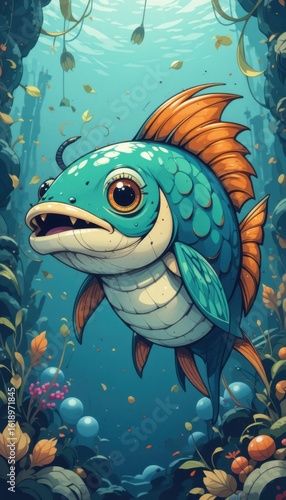 Cartoon Fish Swimming Underwater With Seaweed and Bubbles, Colorful Illustration