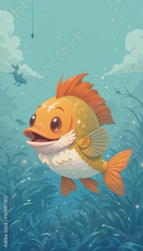 Cute Cartoon Fish Swimming in Teal Waters Illustration