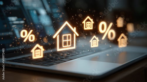laptop with glowing holographic real estate icons floating above, houses and % signs