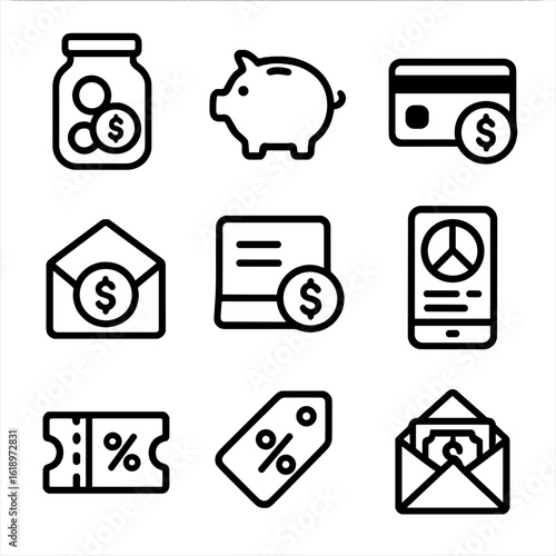 Money Saving Tools Icons. Solid, filled icon set of money saving tools: coin jar, piggy bank, digital wallet, saving envelope,
