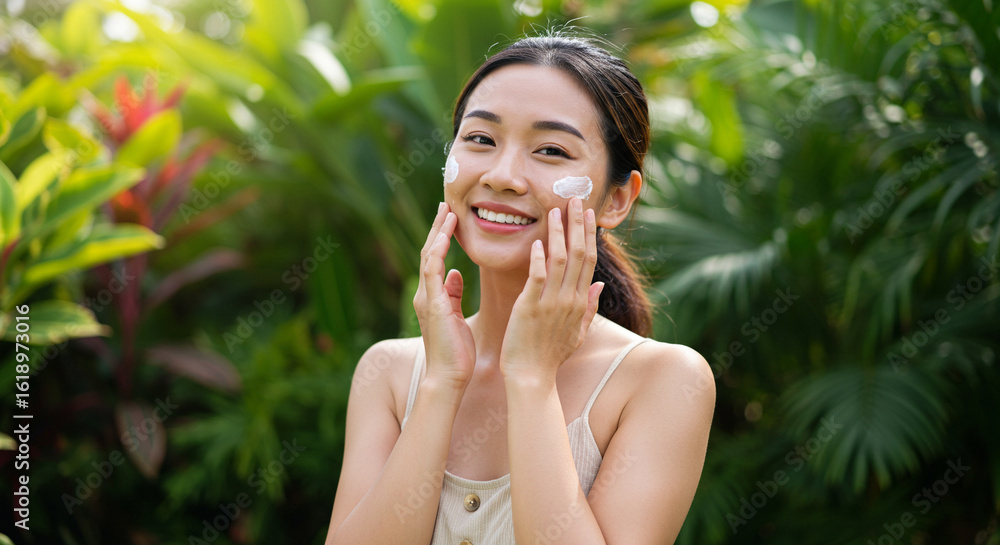 Woman Applying Sunscreen Outdoors with Tropical Background Woman Applying Sunscreen Outdoors with Tropical Background